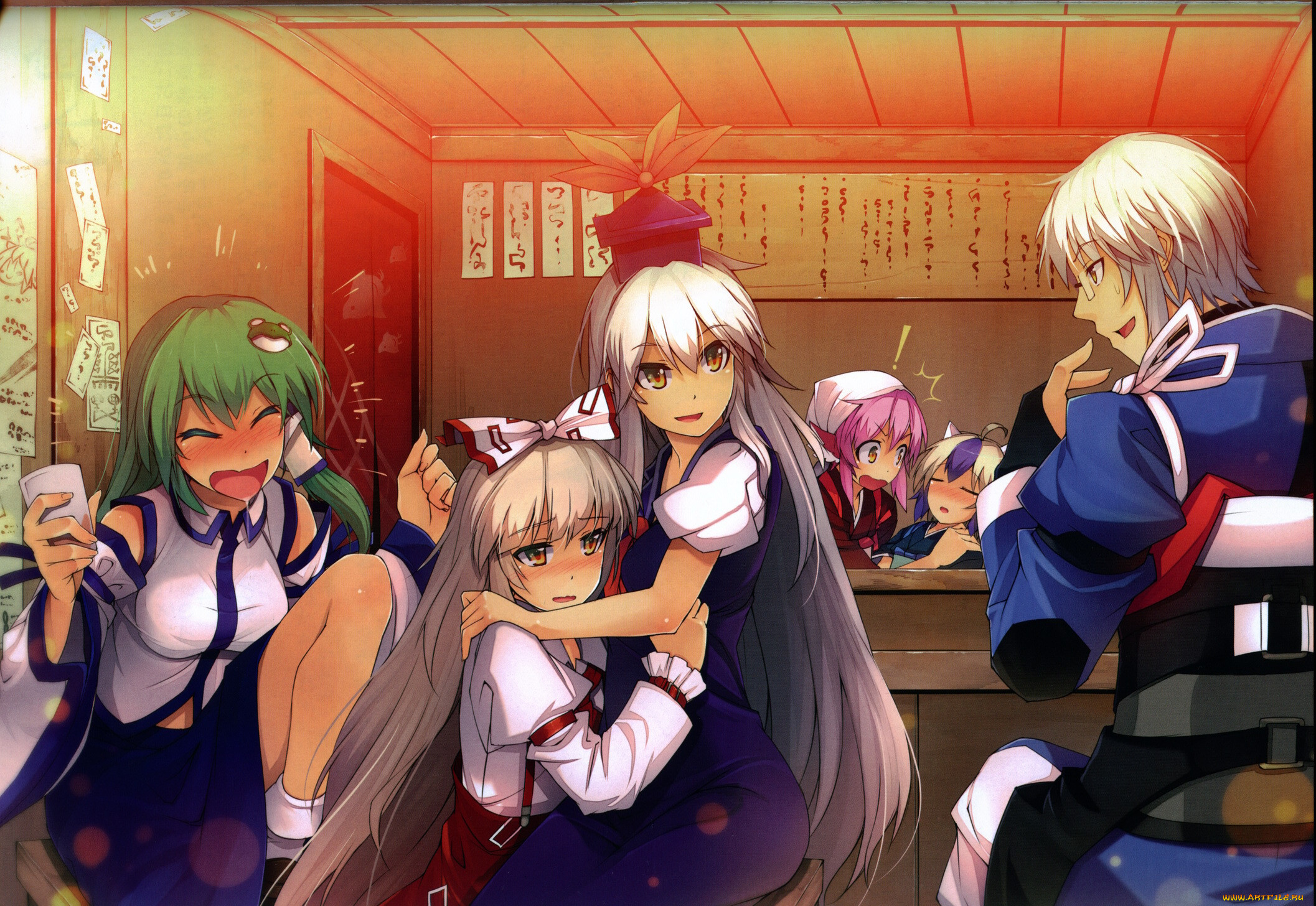 , touhou, , , , , , , eho, art, , kochiya, sanae, kamishirasawa, keine, fujiwara, no, mokou, , , mystia, lorelei, morichika, rinnosuke